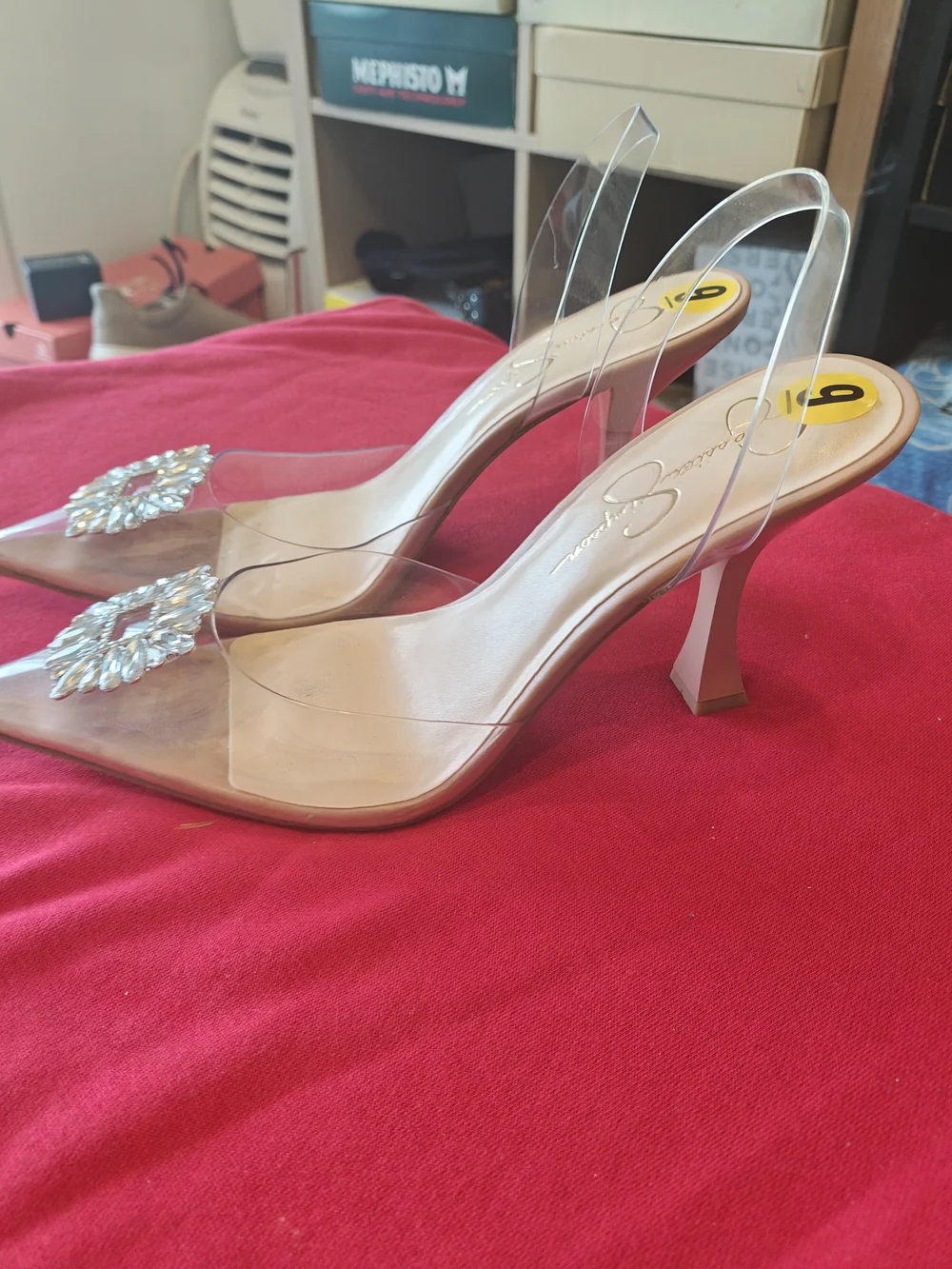 Jessica Simpson Clear PVC Slingback Heels with Crystal Brooch - Nude